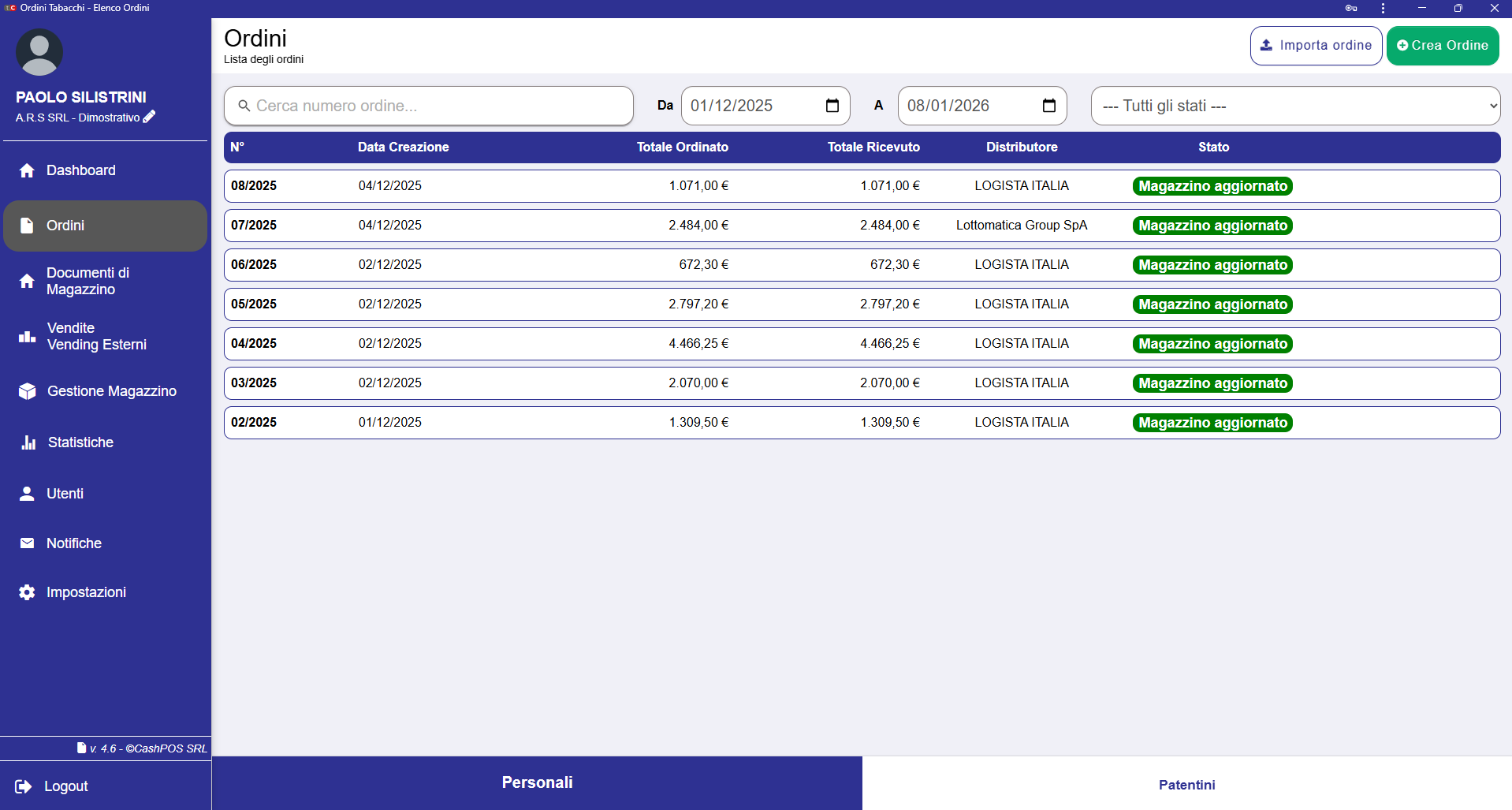 Dashboard ordini Tabacchi Cloud